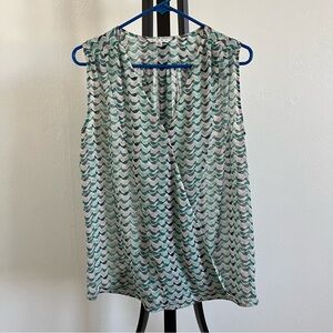 Cabi Blue Green Tweet Bird Print Sleeveless Blouse Top Size Medium
